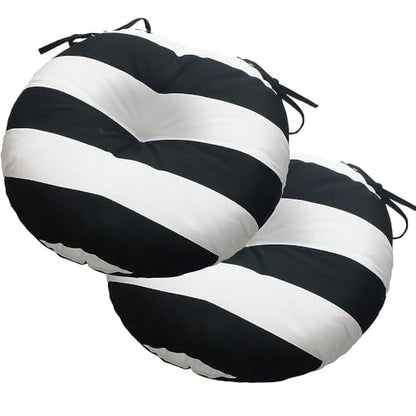 Magpie Fabrics Outdoor Round Bistro Seat Cushions with Ties, 15"x15"x4" Set of 2, Tufted Waterproof Barstool Chair Pads for Patio Home Garden Office, Black White - color: Black White