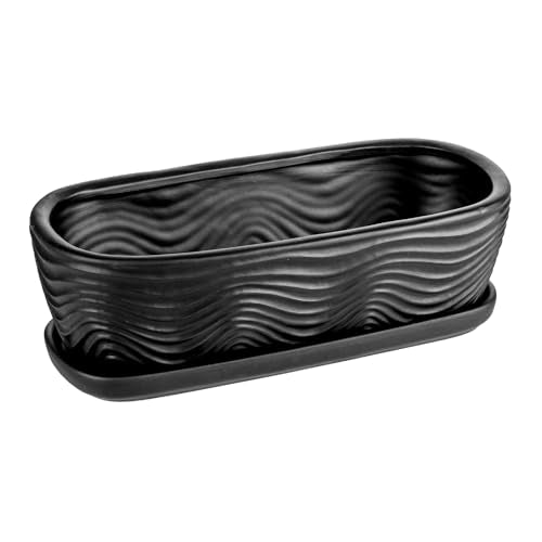 MyGift 13.5 inch Succulent Planter Pot, Oval Modern Ceramic Plant Box Container with Wave Textured Pattern and Removable Saucer Drip Tray (Black) - color: Black