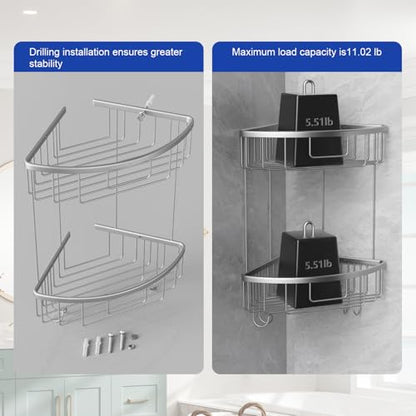2-Tier Corner Shower Caddy, Rustproof Stainless Steel Shower Organizer and Bathroom Storage Wall Shelf, Silver