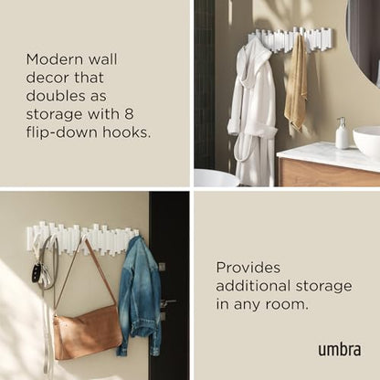 Umbra Sticks Wall Coat Rack, Wall Mount 8 Retractable Hooks, White | Modern sculptural look, holds five pounds each, fits entryways and bedrooms, easy to install, recycled plastic - color: White, size: 8-Hook