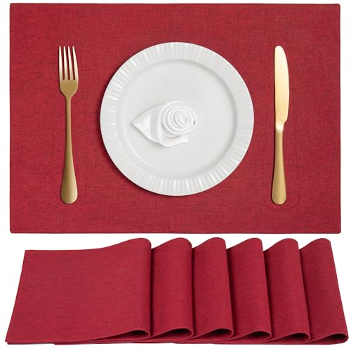 Linen Cloth Double Layers Placemats, Cotton Woven Placemats Set of 6, Kitchen Table Farmhouse Decor Heat Resistant Table Mats, Outdoor Indoor Square Fabric Place Mats Can be Washable (Burgundy) - color: Burgundy