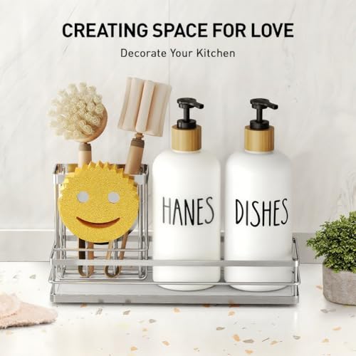 Moforoco Kitchen Dish Soap Dispenser Set, 16OZ Glass Bottle, Hand and Dish Soap Dispenser Set, Instant Dry Tray, Brush Holder with Smiley Face Sponge Holder (Silver Tray+White Bottle) - color: Silver Tray+white Bottle
