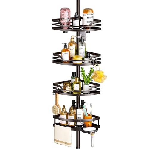 SHINEOFI Bathroom Shower Caddy Tension Pole Rustproof Iron Bath Corner Shelf with Adjustable Baskets for Shampoo And Soap Storage, Bathroom Organizer for Home Shower - Brown - color: Light Brown