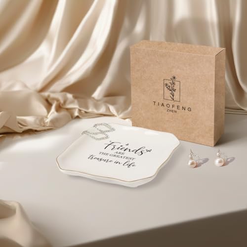 Best Friend Birthday Gifts for Women – Ceramic Jewelry Tray | “Friends are The Greatest Treasure in Life” – Friendship Gifts for Women, Friend Gifts – Ceramic Ring Dish - color: Gold wavy lines-Friend