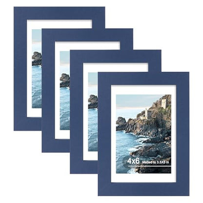 Hongkee 4x6 Picture Frame (4 Pack, Blue), Made of Real Glass and Wooden Frame - Display Pictures 3.5x5 with Mat or 4x6 Without Mat, 4 by 6 Photo Frames TableTop Display and Wall Mounting - color: Blue, size: 4x6 in