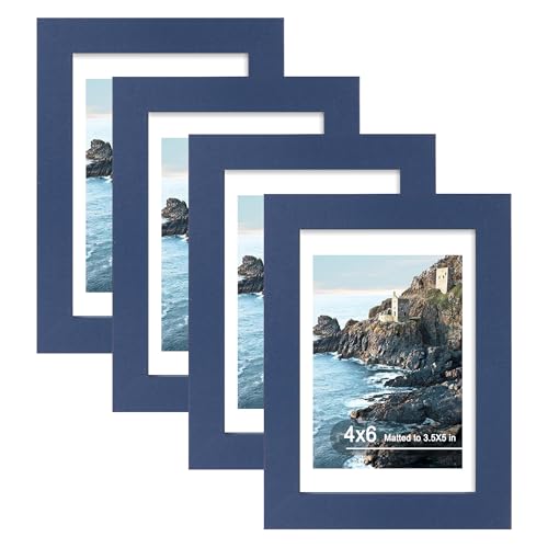 Hongkee 4x6 Picture Frame (4 Pack, Blue), Made of Real Glass and Wooden Frame - Display Pictures 3.5x5 with Mat or 4x6 Without Mat, 4 by 6 Photo Frames TableTop Display and Wall Mounting - color: Blue, size: 4x6 in