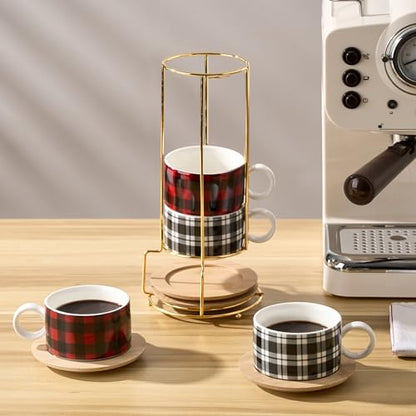 LUKA Porcelain Espresso Cup with Metal Stand,6 Ounce Stackable Ceramic Demitasse Espresso Mugs Cappuccino Cups Set for Latte,Coffee,Cafe Mocha,Tea - Set of 4 (Plaid Red & Gray) - color: Red Black Plaid