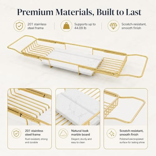 Expandable Stainless Steel Bathtub Caddy Tray with White Marble Board, | Extra Wide Rustproof Shelf, Book Tablet & Wine Glass Stand For Luxury Home Spa(Gold+White) - color: Gold+white