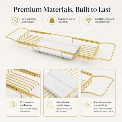 Expandable Stainless Steel Bathtub Caddy Tray with White Marble Board, | Extra Wide Rustproof Shelf, Book Tablet & Wine Glass Stand For Luxury Home Spa(Gold+White) - color: Gold+white