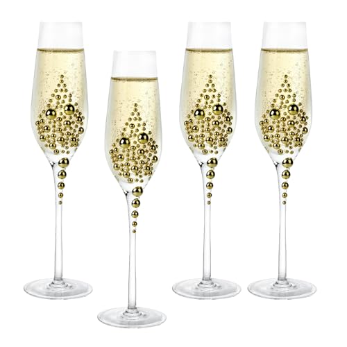 MyGift Champagne Flutes 6 oz, Clear Glass Stemmed Toasting Glasses with Faux Gold Pearls – Wedding, Bridal Shower & Bachelorette Party Glassware Set of 4 - color: Gold