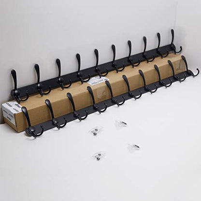 Coat Rack Wall Mount - 38” Long 10-Tri-Hooks Heavy Duty Coat Hanger Rail Wall Hooks for Hanging Coats Hats Clothing Clothes Purse Mudroom Entryway, Black, Pack of 2 - color: Black, size: L=38” (2 Pcs)