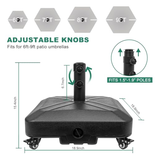 Patio Umbrella Base Heavy Duty with Wheels Square Market Stand for Outdoor 4 Locks 2 Knobs 125lb Capacity, Black - size: 125lb