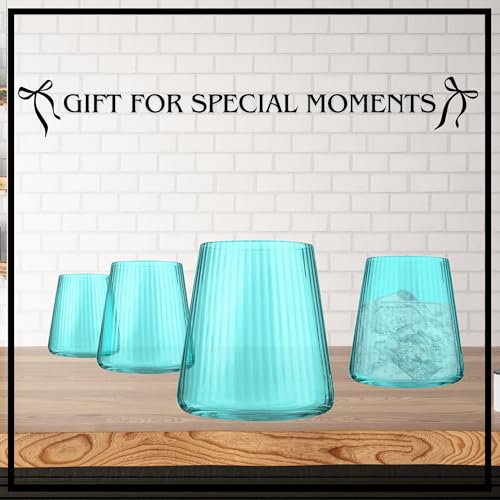 ARTLAND Soho Optic 14.5 oz Double Old Fashion Glass, Set of 4 - Whiskey, Cocktail, Rocks, Barware Drinking Glasses - Elegant Design, Durable Construction, Versatile Use, Dishwasher Safe (Turquoise) - color: Light Turquoise, style: Double Old Fashion Glass
