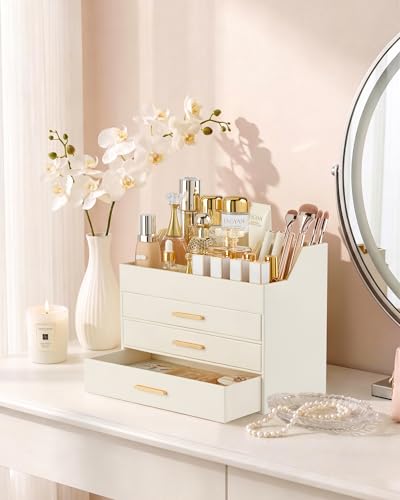 Lolalet Makeup Organizer for Vanity Desk, 4-Layer PU Leather Luxury Make Up Storage Cosmetics Holder Box with Drawers -Beige - size: 4-Layer
