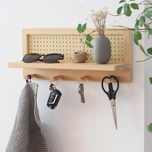 PE Rattan Coat Rack Shelf Wall Mounted with 4 Hooks, Decorative Coat Hook Rack with Floating Shelf for Entryway, Nursery, Mudroom, Hallway, Kitchen, Office (Burlywood) - color: Burlywood