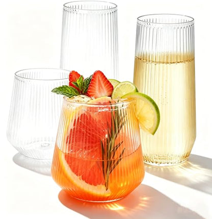 48 Pack Plastic Glasses – 24 x 9oz Stemless Champagne Flutes & 24 x 12oz Stemless Wine Glasses – Elegant Disposable Shatterproof Cup – BPA-Free Drinkware for Weddings, Parties (Clear Ribbed) - color: Clear Ribbed