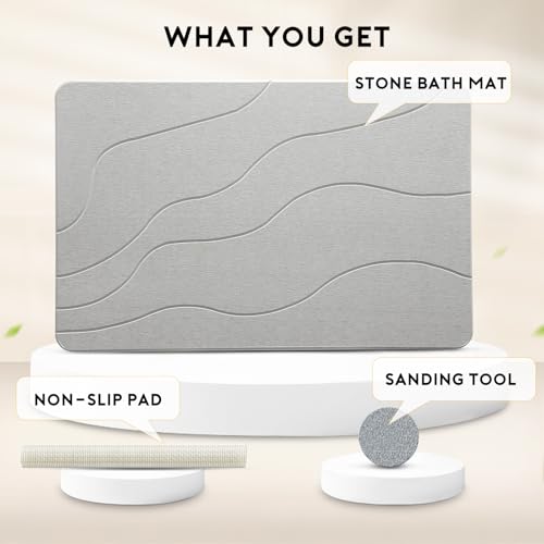 Stone Bath Mat, Quick-Dry Diatomaceous Earth Shower Mat, Absorbent Bathroom Mat for Shower/Tub Exit, New Apartment Essential & Housewarming Gift, 23.5" x 15.5" Light Gray Wave - color: Light Gray-wave