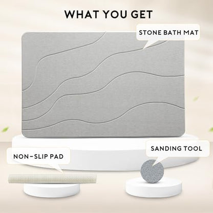 Stone Bath Mat, Quick-Dry Diatomaceous Earth Shower Mat, Absorbent Bathroom Mat for Shower/Tub Exit, New Apartment Essential & Housewarming Gift, 23.5" x 15.5" Light Gray Wave - color: Light Gray-wave