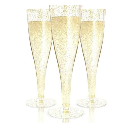 Prestee 24 Plastic Champagne Flutes - Gold Champagne Flutes Plastic - Gold Disposable Mimosa Flute - Party Supplies - Disposable Cocktail Glasses - Mimosa Bar, Wedding, Shower Party - color: Gold Glitter, size: 24 Count (Pack of 1)