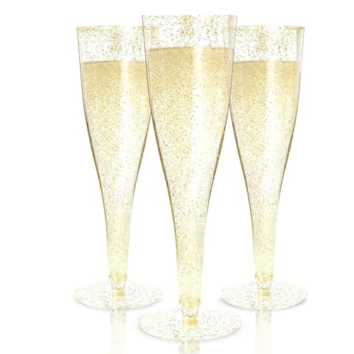 Prestee 24 Plastic Champagne Flutes - Gold Champagne Flutes Plastic - Gold Disposable Mimosa Flute - Party Supplies - Disposable Cocktail Glasses - Mimosa Bar, Wedding, Shower Party - color: Gold Glitter, size: 24 Count (Pack of 1)