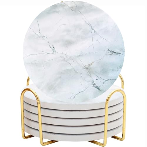 Ceramic Marble Coasters Set of 6, Absorbent Drink Coasters for Table | Colorful moisture-absorbing marble stone coasters; coffee table decor, cute alternative to cork, silicone or glass - color: Porcelain