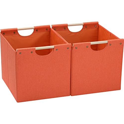 HOONEX Large Collapsible Storage Bins, Linen Fabric, Pack of 2, Storage Baskets with Wooden Carry Handles and Sturdy Heavy Cardboard, for Home, Office, Car, Nursery, Orange - color: Orange