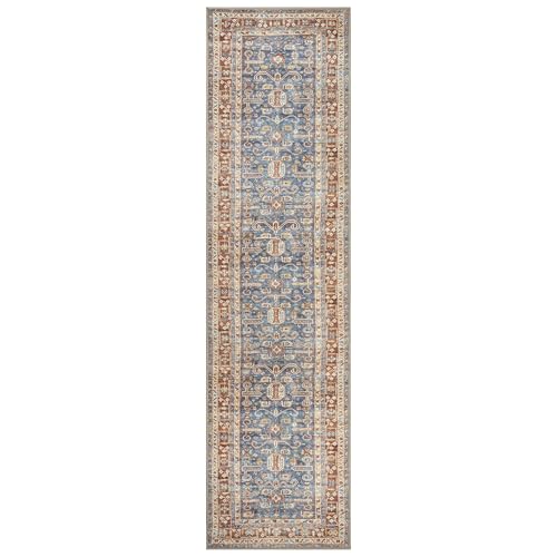 GLN Rugs Bohemian - Jerusalem - Machine Washable Runner Rug, Boho Washable, Non Slip, Low Pile Chenille Area Rug, Hallway, Bedroom, Kitchen Rug - Easy Clean (2'6" x 7' Terra/Slate Blue) - color: Terra/Slate Blue, size: 2'6" x 7' (Runner)