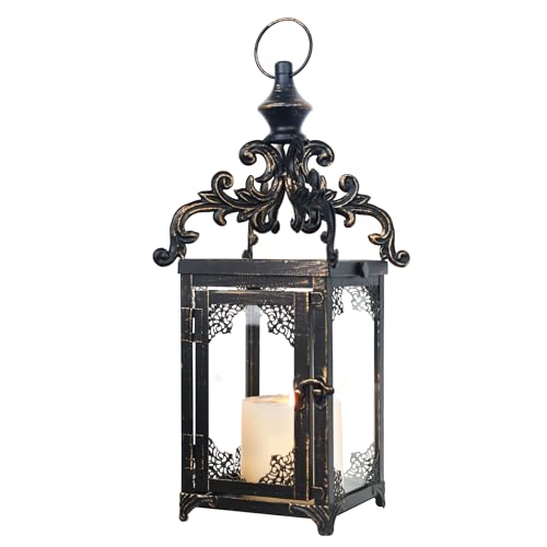 Candle Lantern Decorative Indoor & Outdoor, Large Vintage Metal Hanging/Tabletop Lanterns for Patio, Front Porch, Rustic Home Decor, Candle Holders for Christmas Decorations (Bronze) - color: Black (Gold Brush) / 16'', size: Large