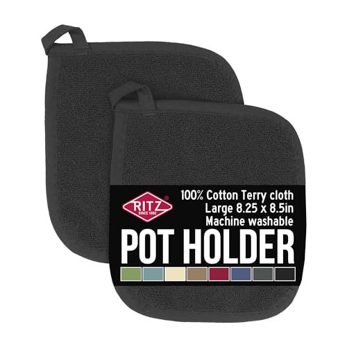 RITZ Terry Potholder & Hot Pad: Unparalleled Heat Resistant, Durable 100% Cotton – Ergonomically Designed for Optimal Grip – Easy-Care Machine Washable – 2-Pack, Black - color: Black, size: 2-Pack