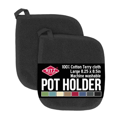 RITZ Terry Potholder & Hot Pad: Unparalleled Heat Resistant, Durable 100% Cotton – Ergonomically Designed for Optimal Grip – Easy-Care Machine Washable – 2-Pack, Black - color: Black, size: 2-Pack