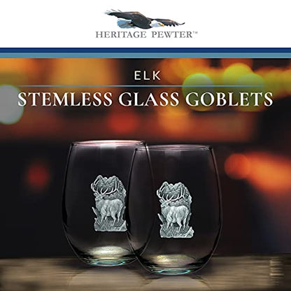 Heritage Pewter Elk Stemless Glass Goblets – Set of 2 | 15 OZ Goblet Wine Glasses | Expertly Crafted Pewter Glass - style: Elk