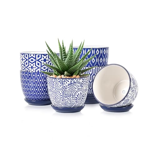 Selamica Ceramic Succulent Pots, 4.6 Inch Small Plant Pots with Drainage Holes & Saucers, Succulent Planters for Indoor Plants Cactus, Home Decor, Set of 6, Vintage Blue - color: Vintage Blue, size: 4.6 Inch, Set of 6