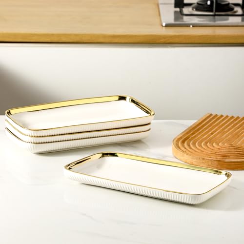 LETAOTAO Serving Platters, Ceramic Serving Platters Set of 4, 12 Inch Rectangular Serving Trays Dishes for Party Entertaining, White Dinner Plates with Gold Trim for Sushi Desserts Appetizers Salad - color: Rectangular White and Gold-4 Pcs