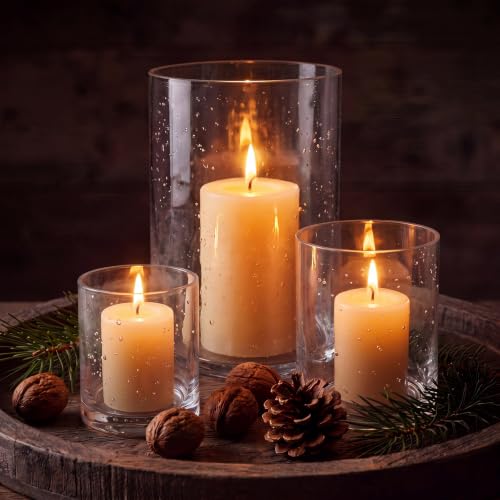 Clear Glass Hurricane Candle Holder Set of 3 Cylindrical Glass Vase Modern Rustic Table Centerpieces for Pillar Candles Wedding Party Home Decor (8 Inch 4.3 Inch 3.5 Inches Height)