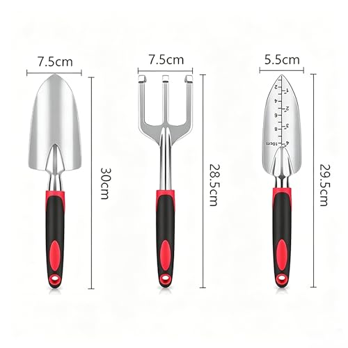 Stainless Steel Garden Tool Set，3 Pieces, Including Hand Shovel & Transplant Shovel & Hand Rake with Non-Slip Soft Ergonomic Handle (red) - color: red