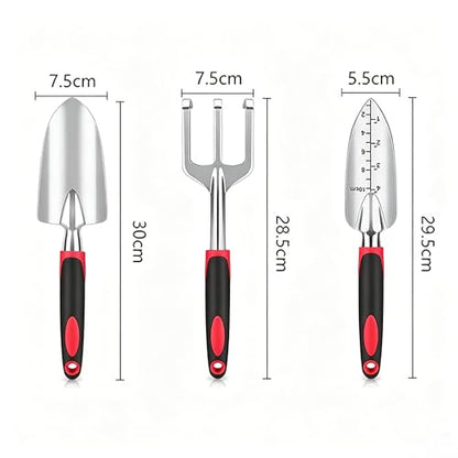 Stainless Steel Garden Tool Set，3 Pieces, Including Hand Shovel & Transplant Shovel & Hand Rake with Non-Slip Soft Ergonomic Handle (red) - color: red