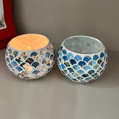Mosaic Glass Tea Light Holders Romantic Votive Candle Holder (L) | Round Handmade Tealight Candle Holder, for Table Centerpieces, Christmas, Party, Home Decor