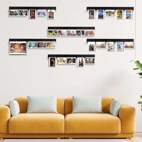 6 Picture Frames Collage Wall Decor With 30 Clips, Wood Photo Frame, No Drilling Required, Adhesive Stickers, Easy to Install, Black. - color: Black