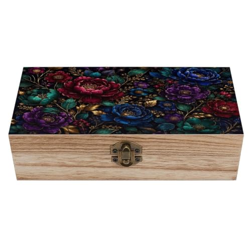 Dark Floral Wooden Storage Box Decorative Keepsake Box with Metal Lock Vintage Organizer Container Jewelry Photo Letter Memory Box Rustic Home Desk Storage Gift Box - color: Dark Floral