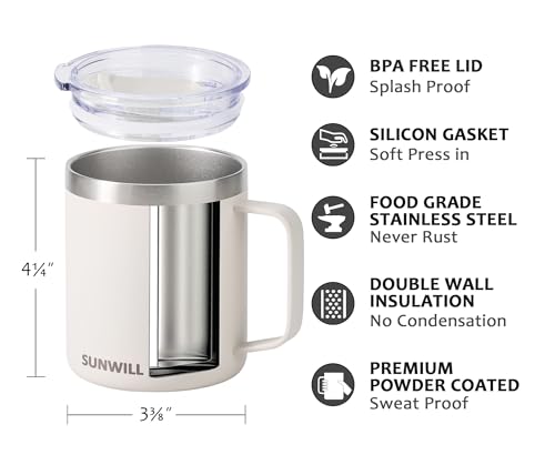 SUNWILL Travel Coffee Mug with Lid, Insulated Tumbler with Handle, 14 oz Stainless Steel Cup for Home, Office, Camping, Powder Coated Cream - color: Powder Coated Cream