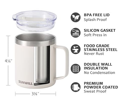 SUNWILL Travel Coffee Mug with Lid, Insulated Tumbler with Handle, 14 oz Stainless Steel Cup for Home, Office, Camping, Powder Coated Cream - color: Powder Coated Cream