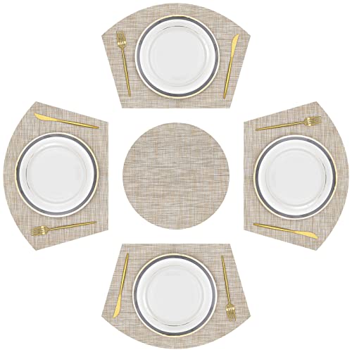 SHACOS Large Size Wedge Shape Placemats with Centerpiece Round Mat Set of 5 Round Table Place Mats Washable Dining Table Placemats Reversible, Beige - color: Beige