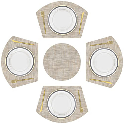 SHACOS Large Size Wedge Shape Placemats with Centerpiece Round Mat Set of 5 Round Table Place Mats Washable Dining Table Placemats Reversible, Beige - color: Beige