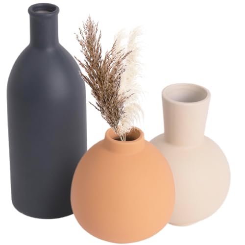 Ceramic Vase Set of 3, Rustic Modern Brown Vases for Bouquet, Fresh or Dried Plants, Home Decor-Modern Decorative Ceramic Flowers Vase for Rustic Home Decor (White-Dark) - color: White-dark
