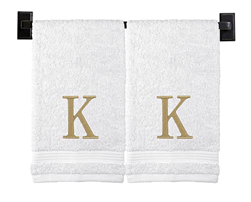 White Hand Towels for Bathroom with Monogram | Luxury Cotton Turkish Towels | Embroidered in USA | Set of 2 | Choose Set Color and Letter | A - Z | Modern Font - color: White