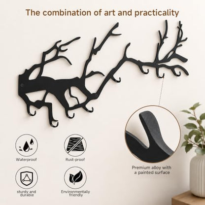 Wall Coat Rack with 8 Hooks Black - Tree Branch Design Metal Wall Hooks - Coat Hooks for Hallway, Bathroom, Bedroom, Kitchen - Hook Rail for Wall Mounting