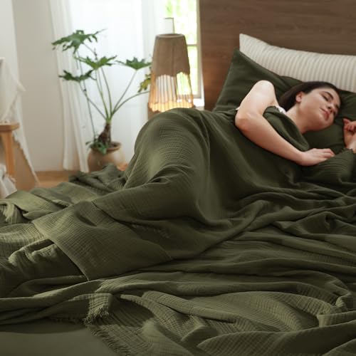 MooMee 100% Cotton Muslin Blanket, Fringed 4-Layer Gauze Bed Throw Blankets | Soft Breathable Lightweight Thin Coverlet Summer Blankets for Adults, Bed & Couch All Seasons, Olive Green, 98" x 98" - color: Olive Green, size: Oversize Queen