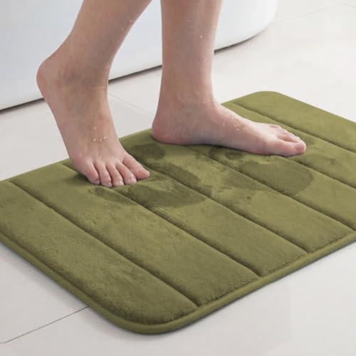 Flamingo P Memory Foam Bath Mat Rug, Soft Non Slip and Absorbent Shower Bathroom Rug Machine Washable, 24x17 Inches, Olive - color: Olive Straight Line, size: 24" X 17"