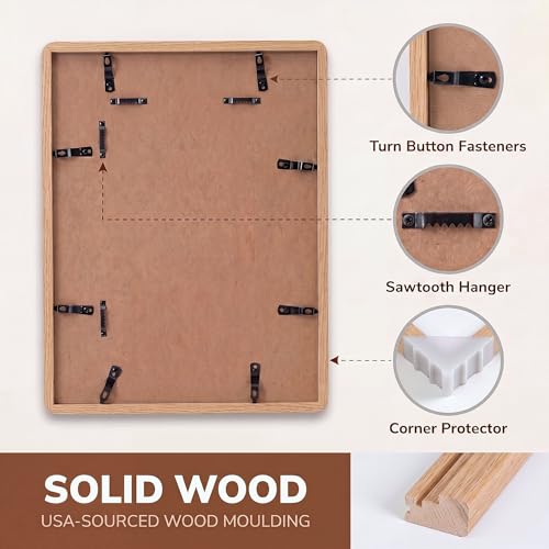 Acovy 9x12in Picture Frame, Natural Solid Oak | Handcrafted Wooden Photo Frame, Dual Use for Wall Mount, Matted to Fit 6"x8" Photos, HD Tempered Glass - color: Oak, size: 9x12in