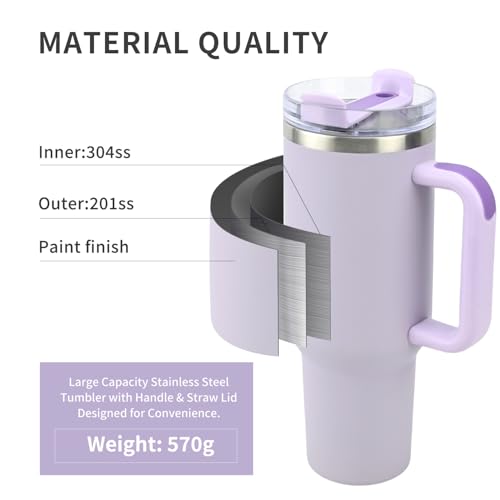 Insulated Tumbler, Lavender, 40 oz | Stainless Steel Vacuum, Handle and Straw, Leak Resistant Lid, Fits Car Cup Holder - color: Orchid Purple, size: 40 oz
